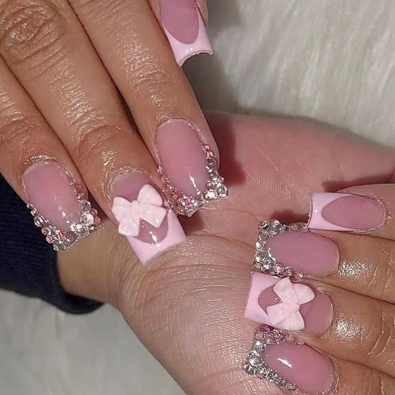 Pink Bows Fake Nail Snugly Fit Almond Shape Florals Design Artificial Nail