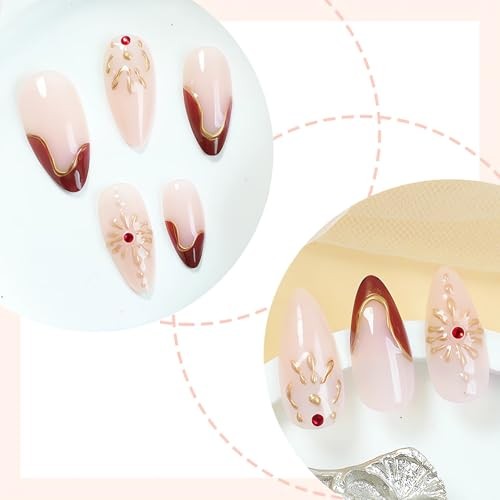 24Pcs French Tip Press on Nails Medium Fake Nails Almond Shape Gold style3
