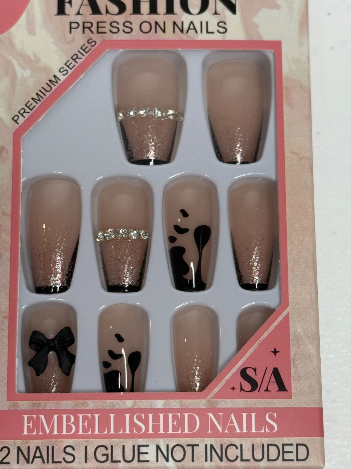 Press On Nails Nude Glitter French Tip Embellished Rhinestone Coffin 12pc
