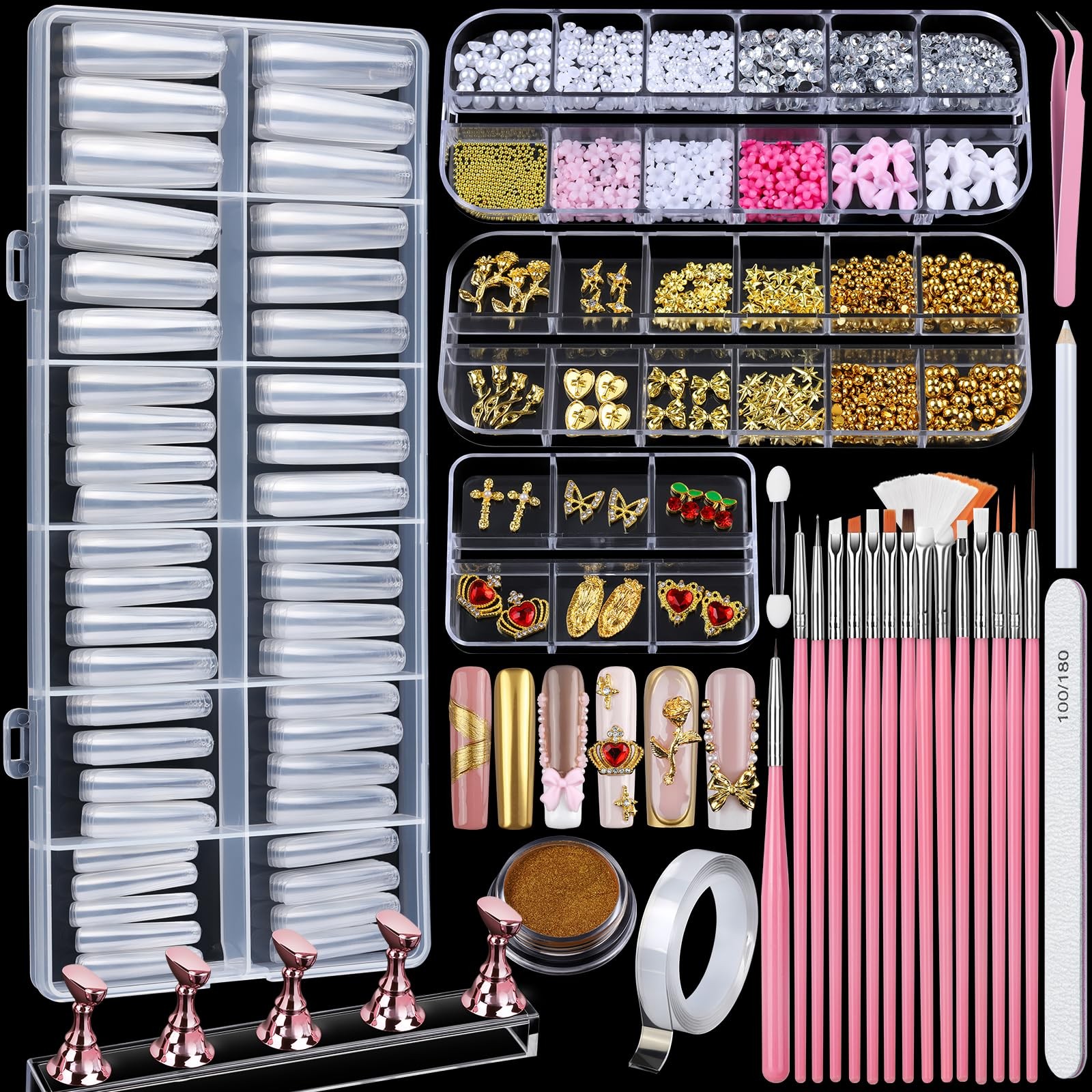 Teenitor Square Nail Tips with Charms Art Brushes, 2X-Large, Clear