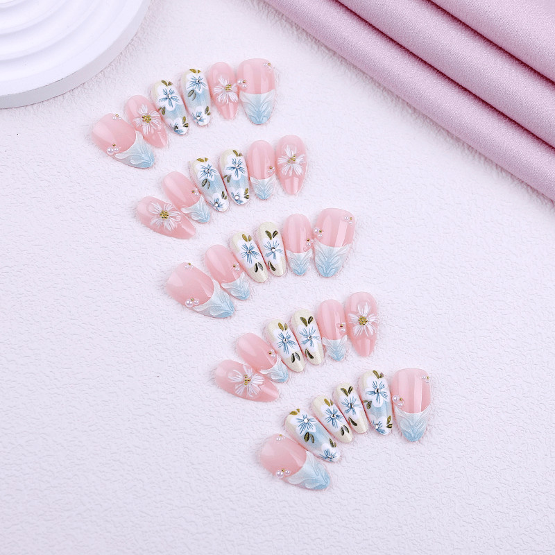 30P Short Almond Press on Nails, Mint Green Gradient 3D Floral Fake Nails