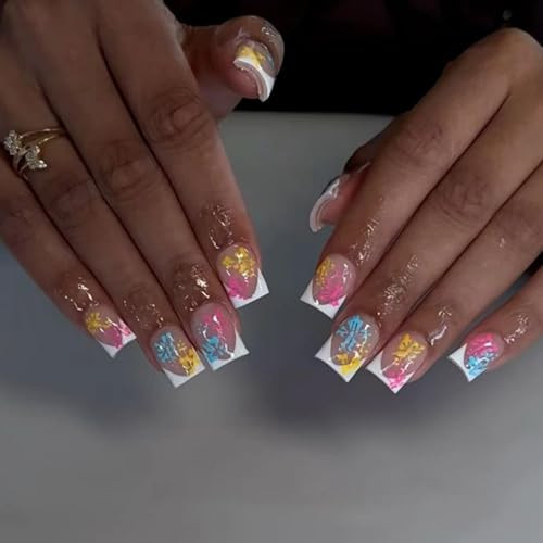 White French Tips Press on Nails Short 1 Fl Oz (Pack of 1) Blue Yellow Pink