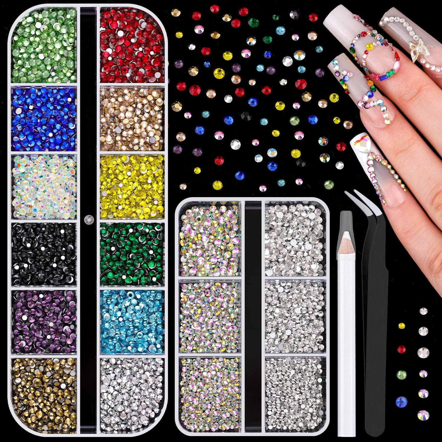 8000Pcs Nail Pearls and Colorful Rhinestones for Nail Art, White Pearl Nail Char