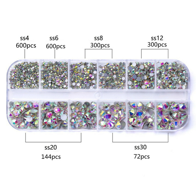 12Grid/Box 3D Nail Art Rhinestones Mix Size Flatback Glitter Diamonds Tips Decor