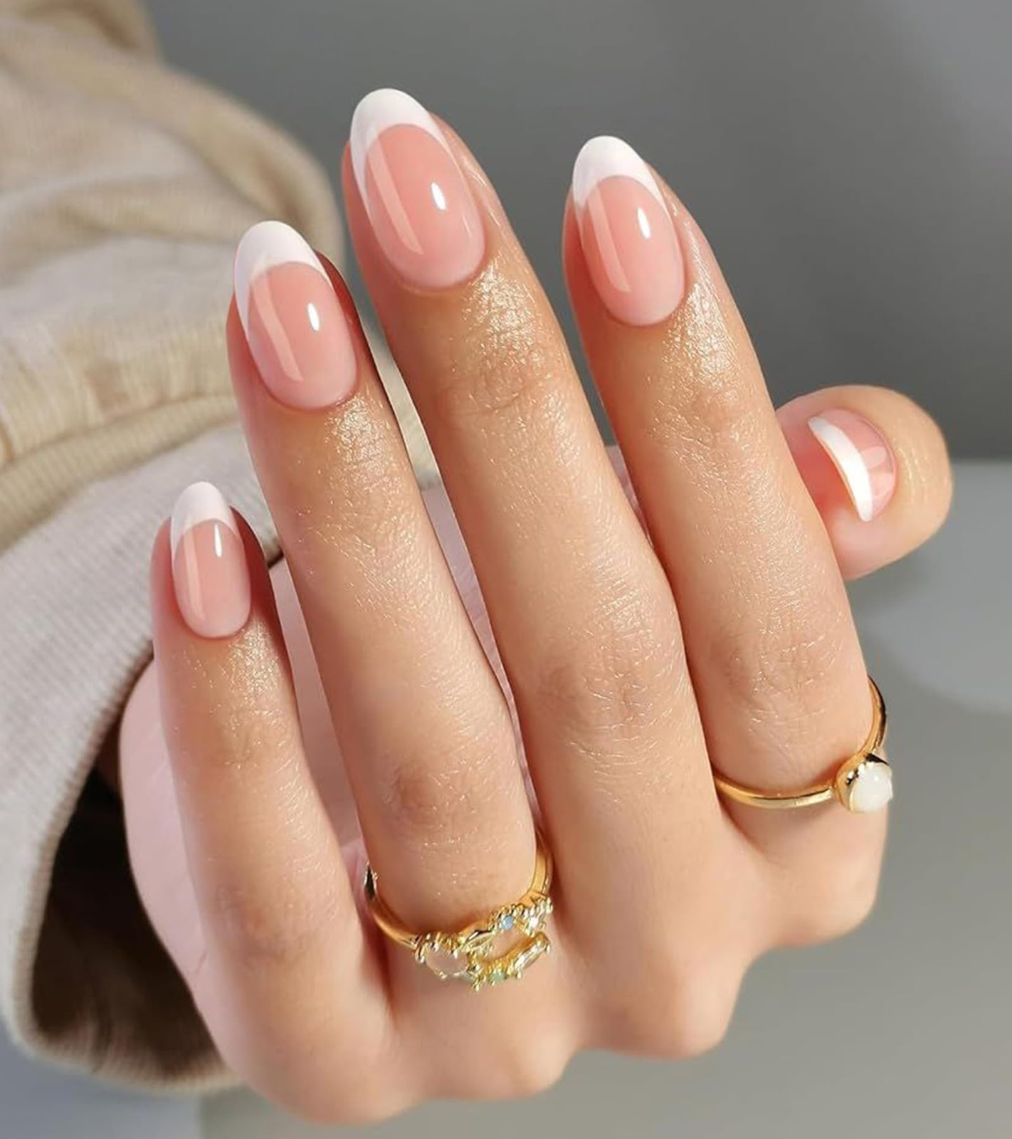 French Tip Press On Nails Short Clear Nude Oval Designs False Nail White Edge…
