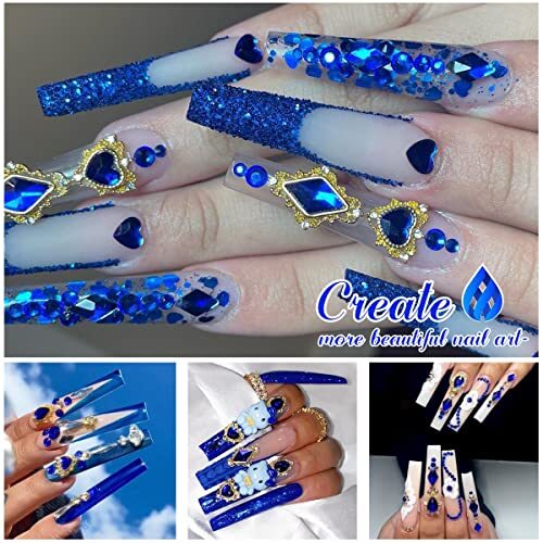 24pcs Blue Luxury Nail Charms +2000pcs Sapphire Rhinestones 3D Big Nail Gems
