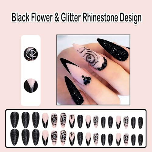 Black Press on Nails Stiletto Short Medium Fake Nails with Flower Glitter
