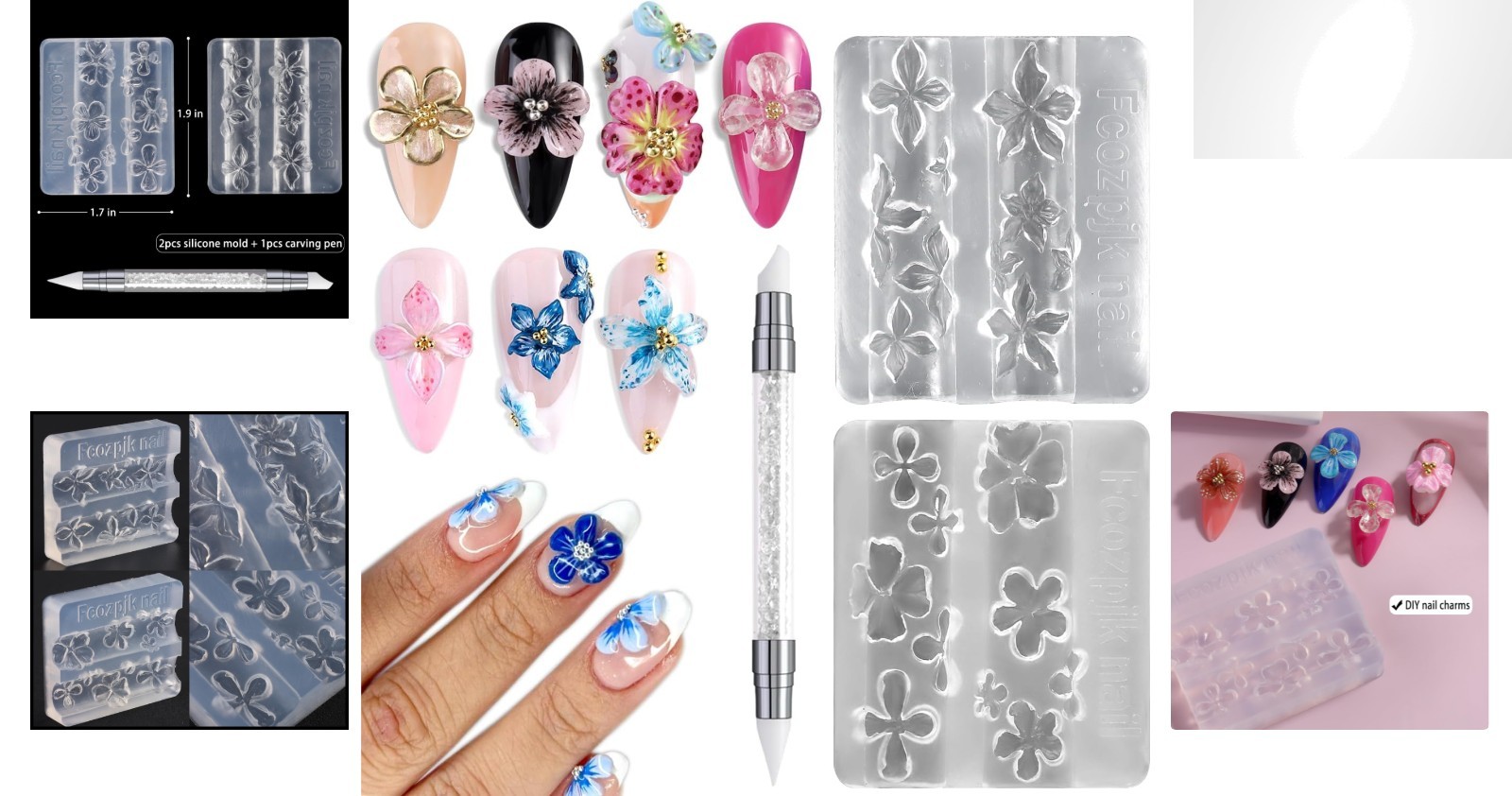 Compact 2PC Flower Nail Molds with Carving Tool – Effortless 3D Art for Everyone