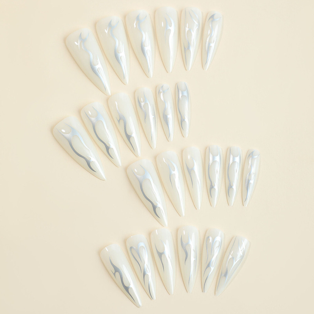 Extra-long Stiletto Fake Nail Silver Vine Press-on Nail Mechanical White False N