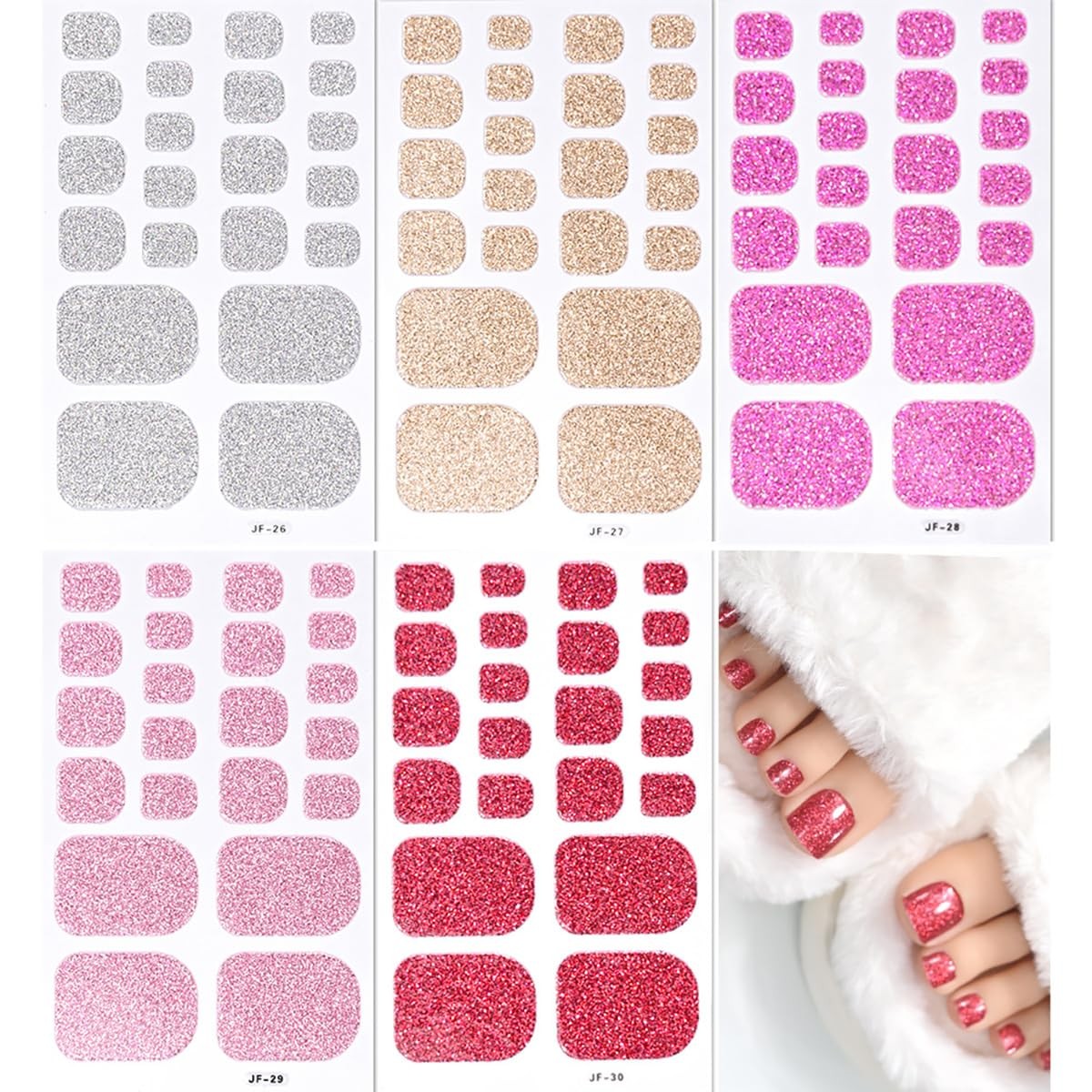 Pegatinas de uñas de gel para uñas completas, color plata, oro, rojo y rosa.
