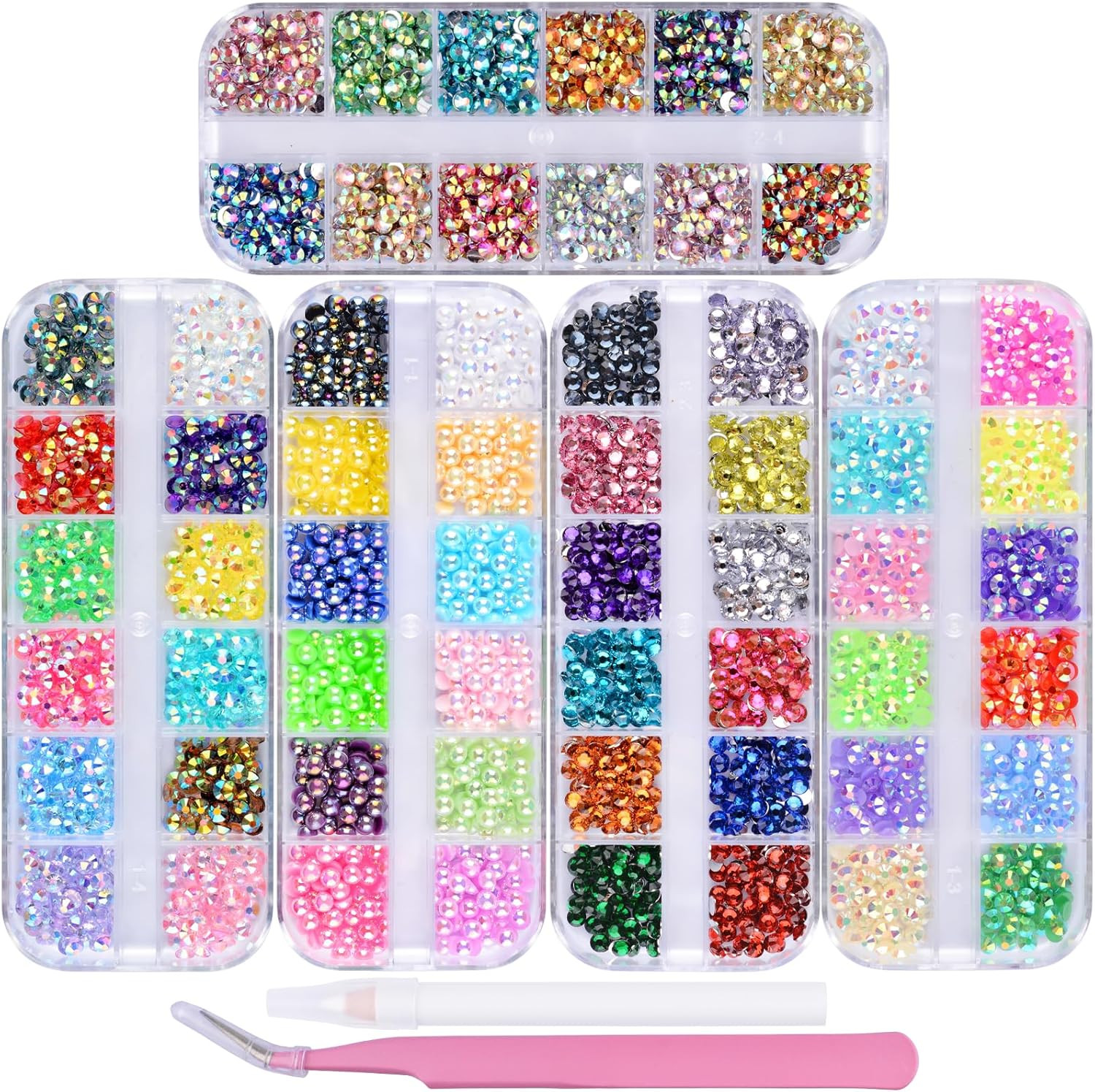 5 Boxes Nail Art Rhinestones Half Pearls Kit 3D Flatback Jelly Crystal Gems Diam