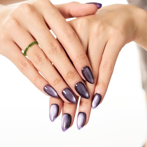 Dark Purple Magnet Cat Eyes Press on Nails Short Almond, Black Berkeley Dark