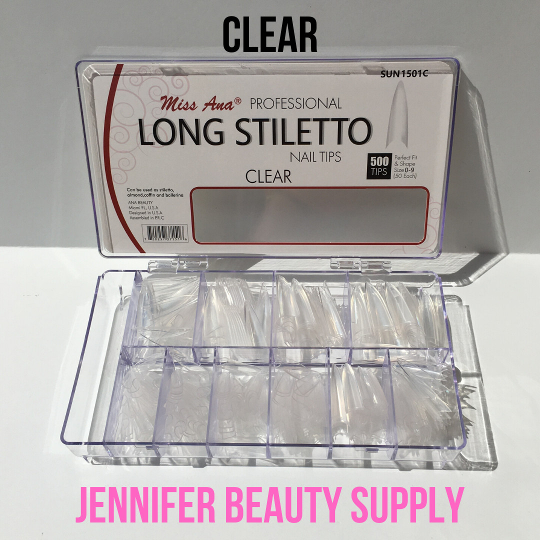 500 PCS LONG CLEAR STILETTO BALLERINA COFFIN NAIL TIPS 10 SIZES IN BOX