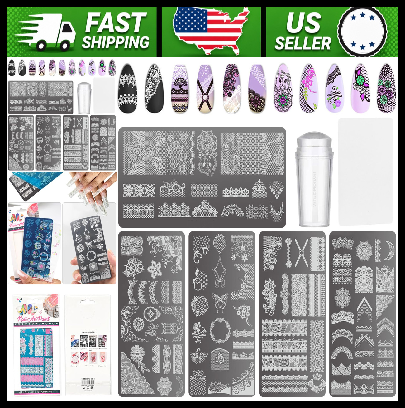 Lace Nail Stamping Plate Set with Stamper and Scraper, 5 Piece