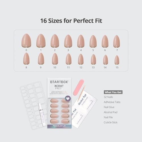 Almond Press On Nails Kit – Short Gold Foil Soft Gel Glue-On Nails, 32 Pieces, 1