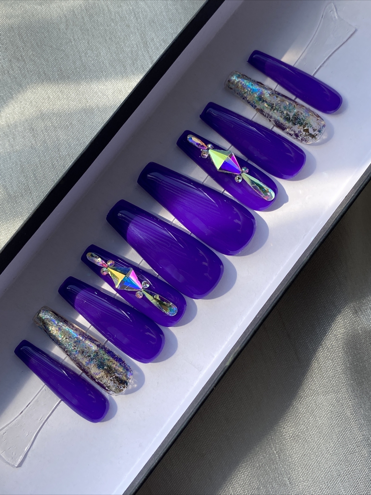 Luxury Gel Press On Nails,Marine W Bling , Long Coffin, 10p Nail Set W/ kit