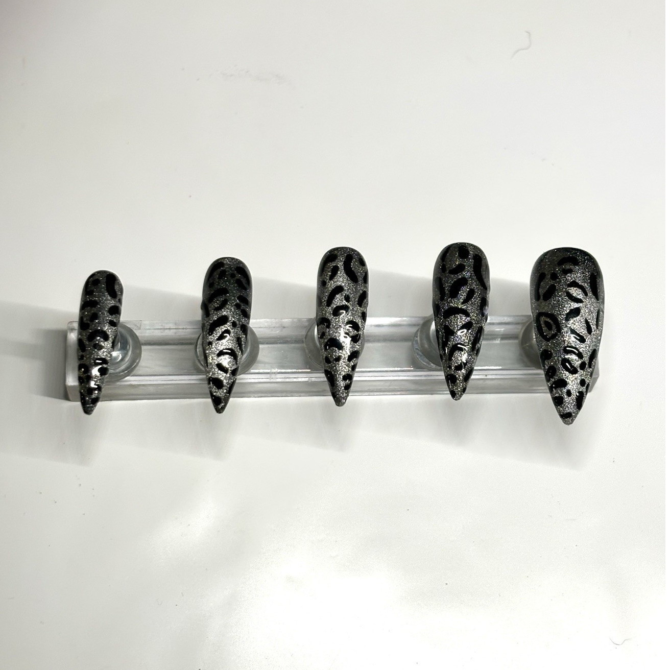 Press-On Nails Silver/Black Cateye Pre-Designed Animal Print Stiletto Long