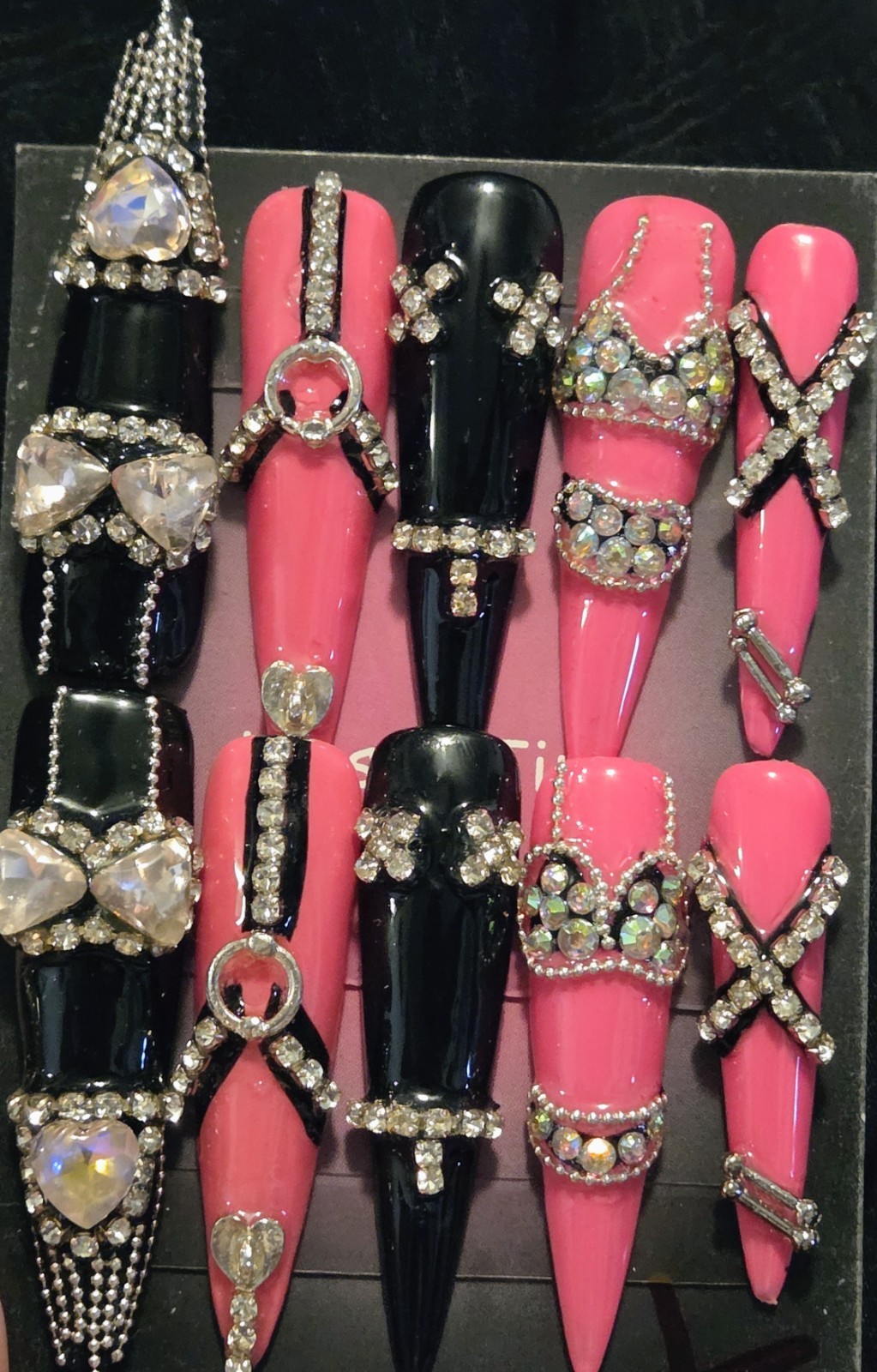 Handmade XL Stiletto Black/Pink/Silver 3D Rhinestone Press-On Nails-L