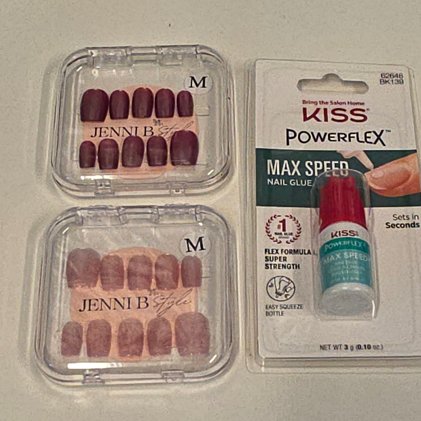 Jenni B Style Press On Nails Bundle Burgundy Iridescent Mauve Kiss Nail Glue M