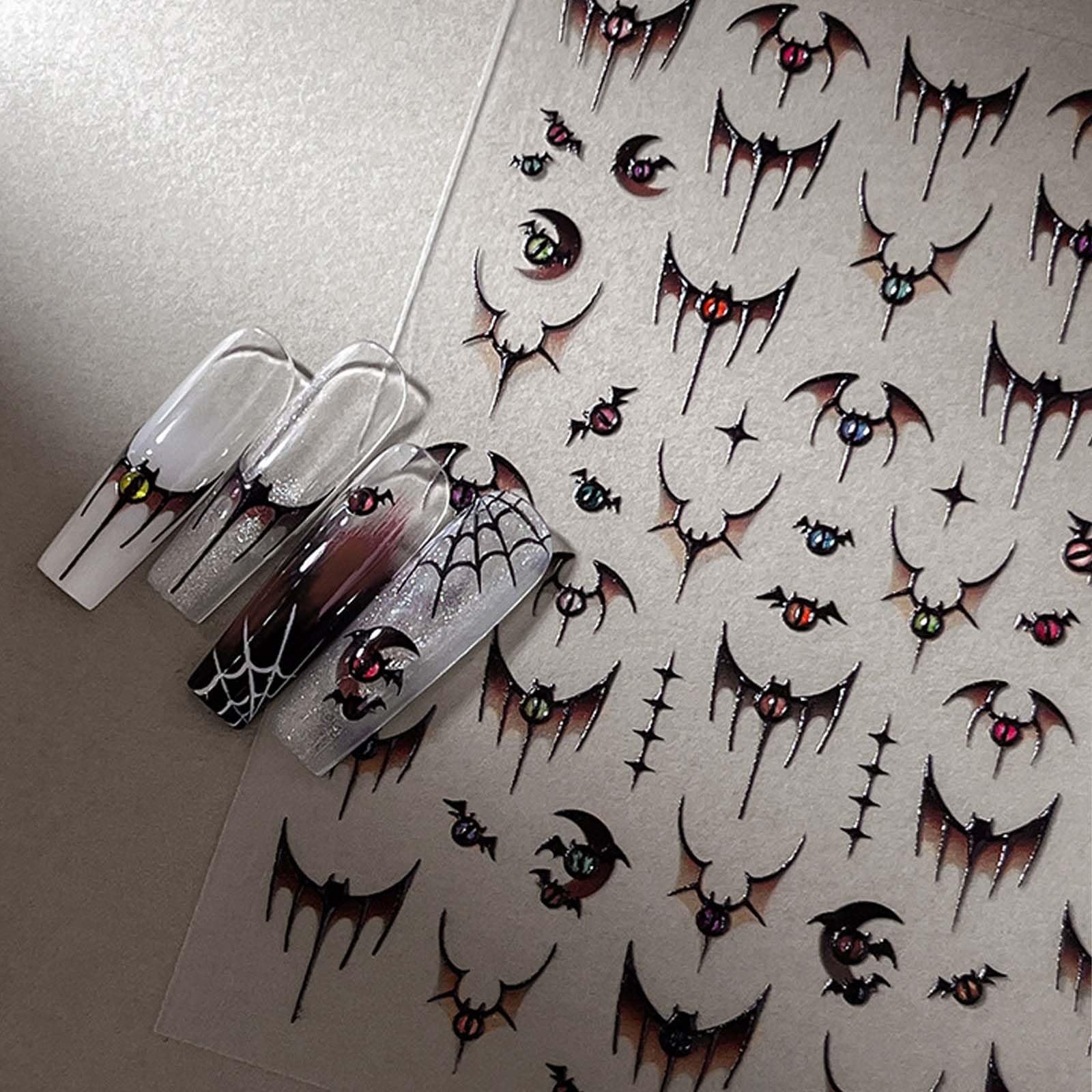 1 Sheet Halloween Nail Stickers 5D Bat Nail Decals Embossed Self-Adhesive Nai…