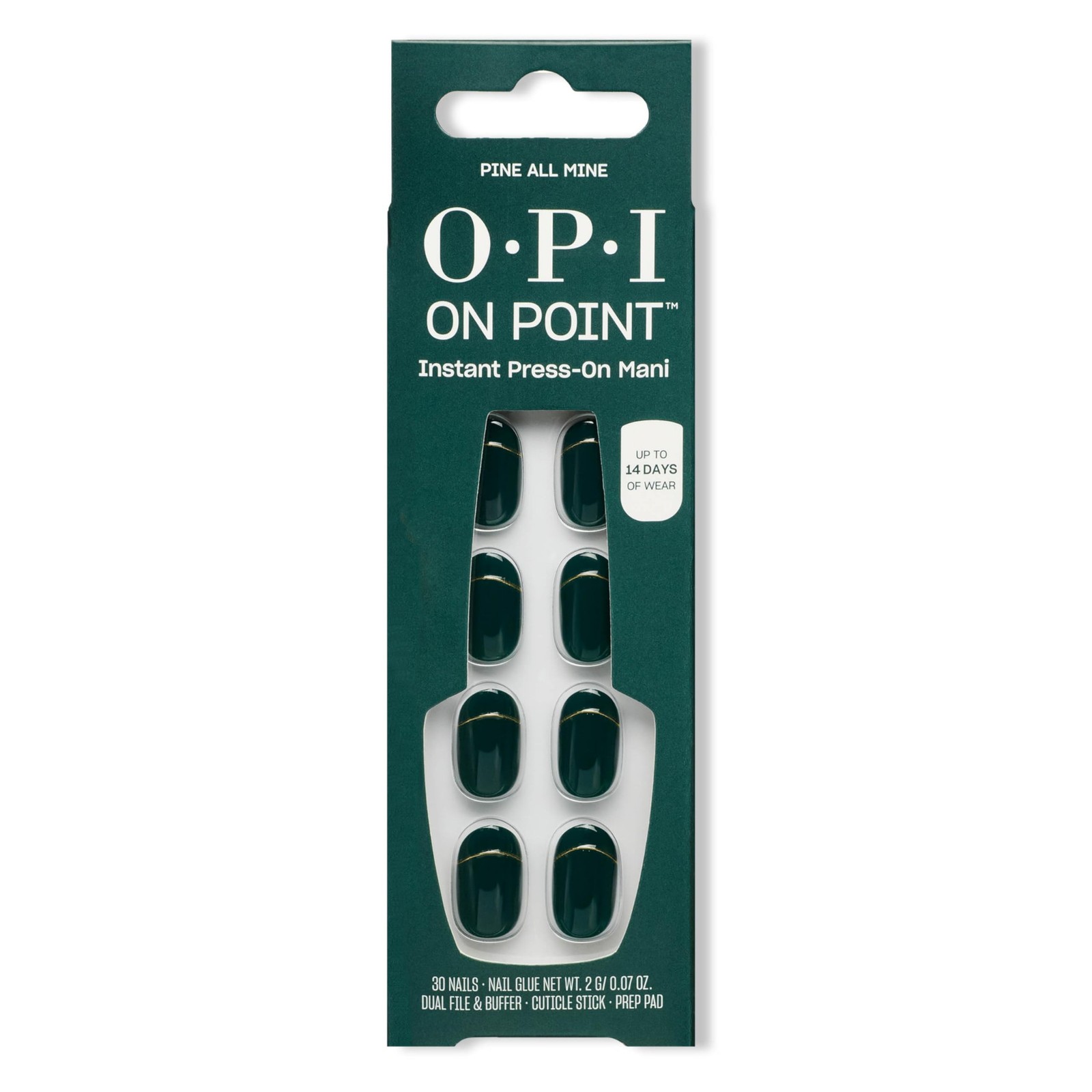 OPI On Point Press On Nails, Short Oval – PINE ALL MINE, Dark Green with Gold