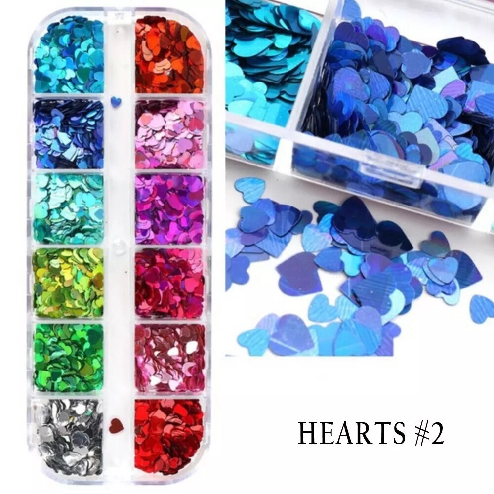 12 Grid 3D Love Heart Nail Art Glitter Holographic Laser Chunky Face Body Tattoo