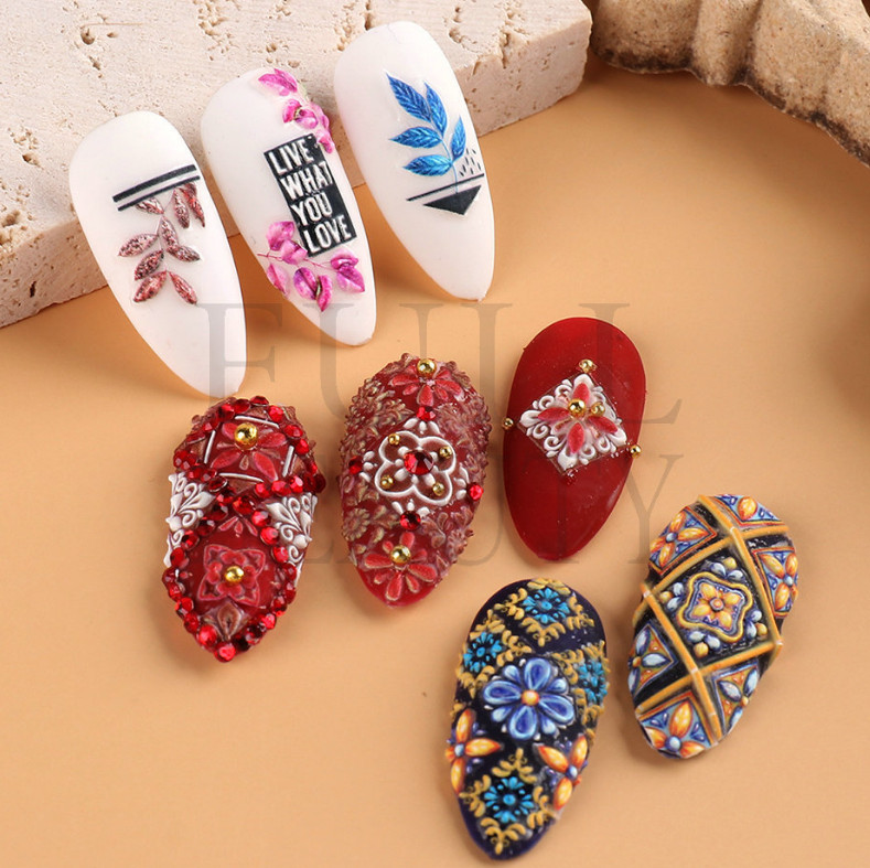 5D Embossed Flower Unicorn Bunny Leaf Fingers Toe Nail Art Sticker Manicure NS24
