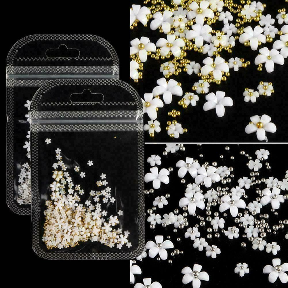 Nail Art 200Pcs Silver Gold Beads Flowers Crafts Gems Stones 3D Nail Decoration