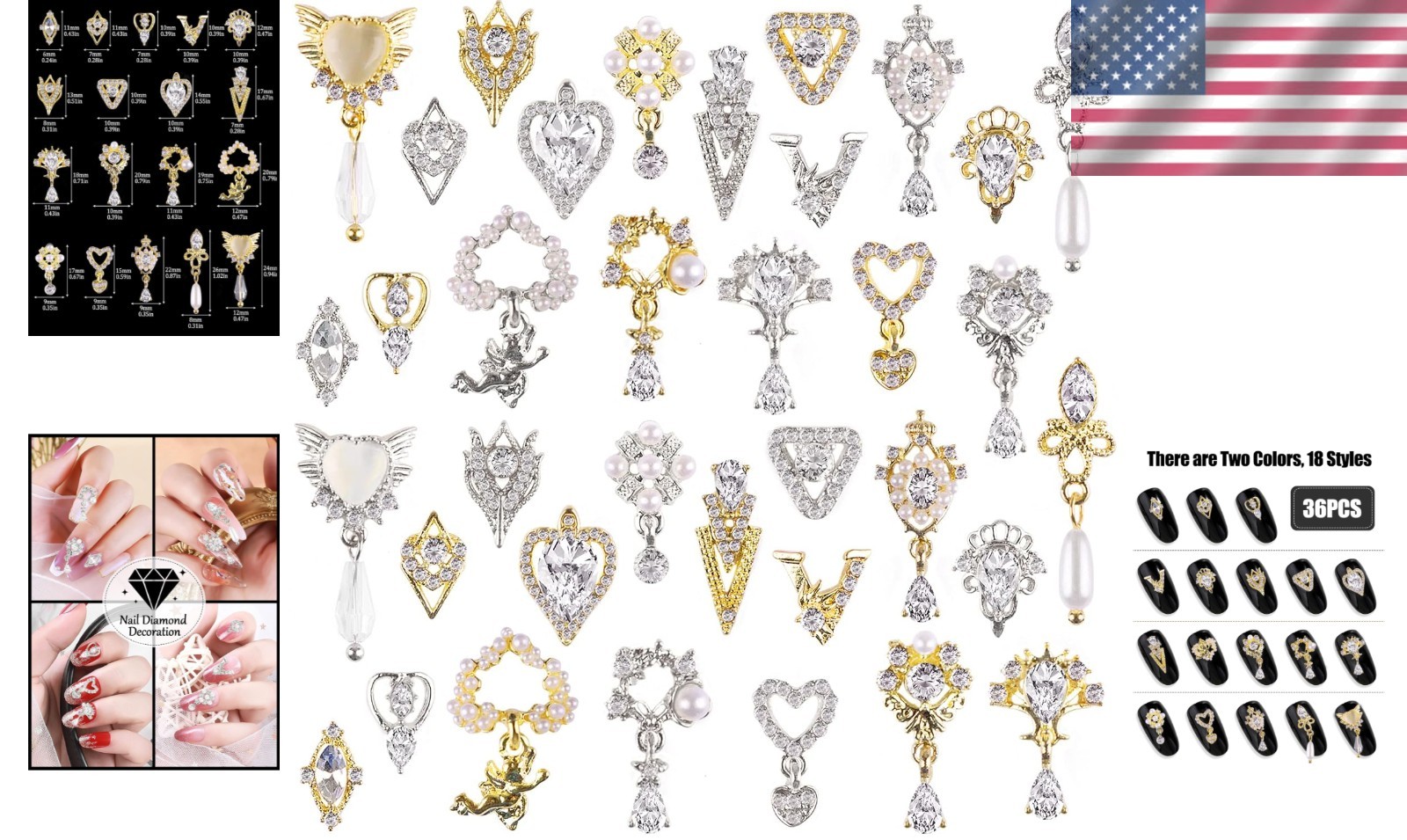 36 Pcs Versatile Nail Charms – Gold & Silver Rhinestones for Every Craft
