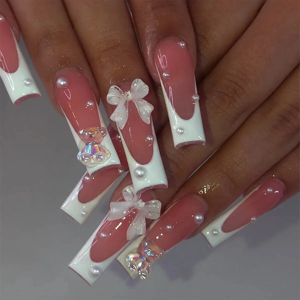 24Pcs Extra Long Square Fake Nail with Glue 3D Little Bear Bow Design False Nail