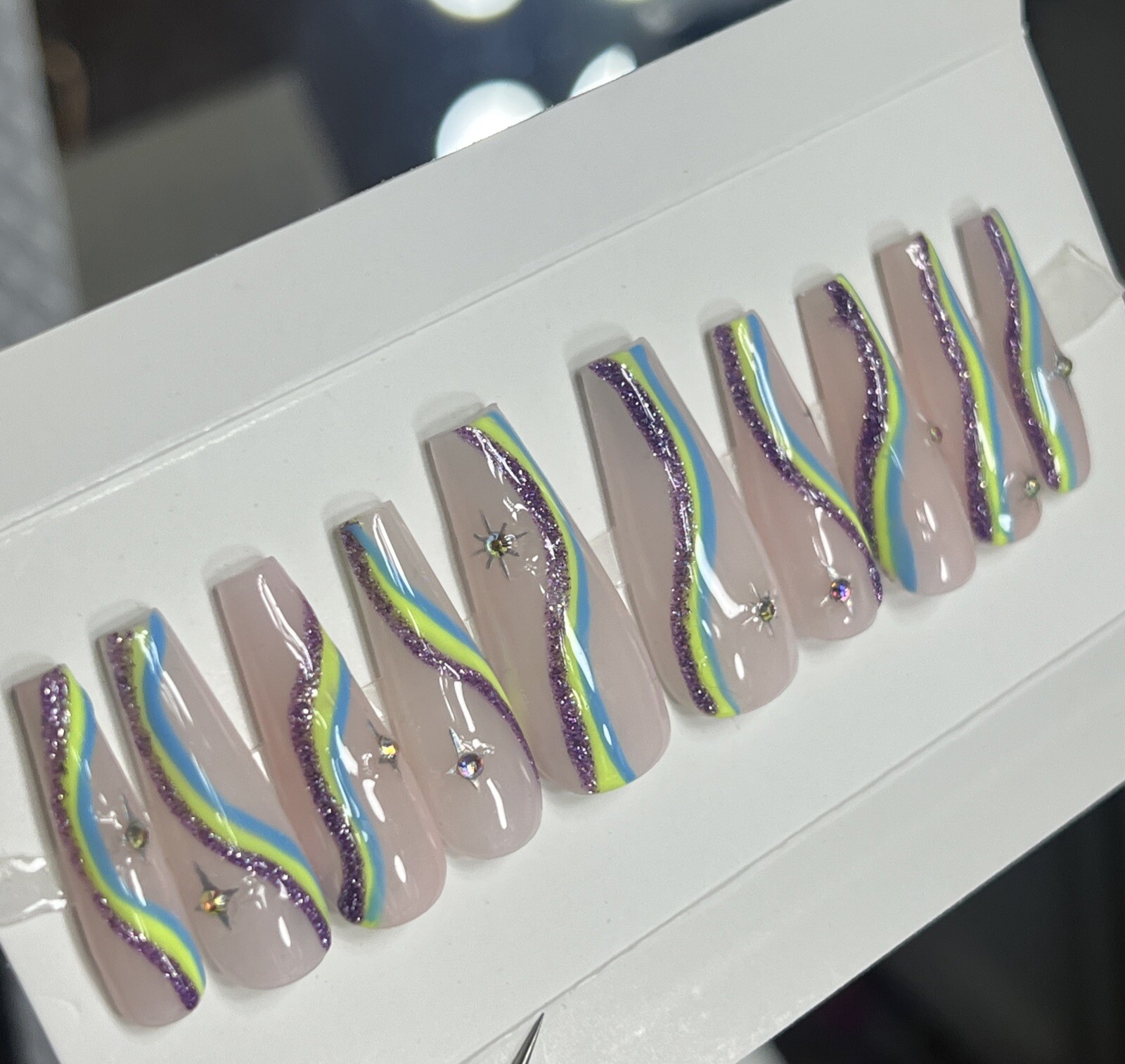 🔥CUSTOM Gel Press On False Nails, Nude W/ Bling ,Long Coffin,10p Mediun NEW