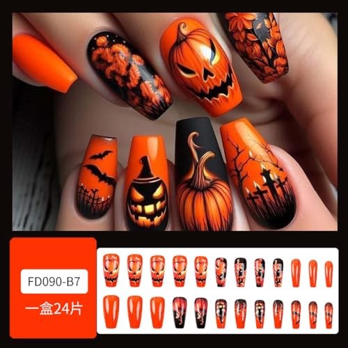 24Pcs Halloween Pumpkin Medium Length Fake Nails Orange Flower Style Nails 01