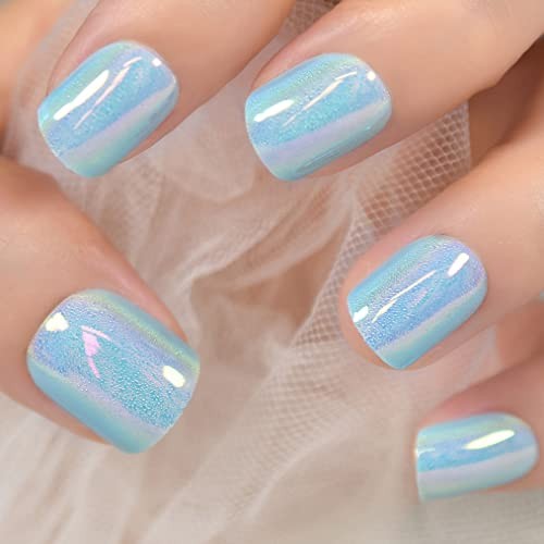 Light Blue Laser Press On Nails – Mirror Like Fake Nails – Round Blue Metal