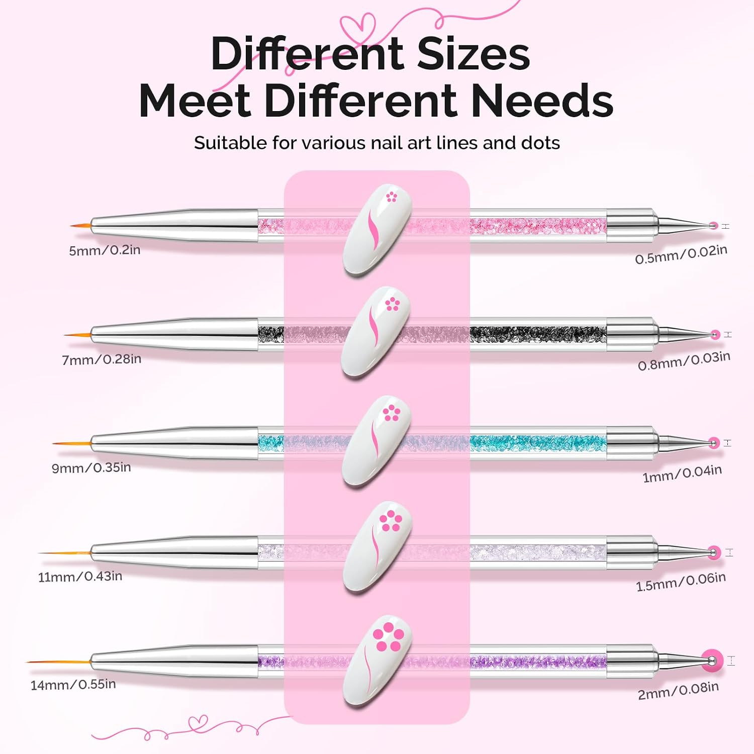 5 Pcs Nail Art Liner Brushes Dual Dotting Pen Set, for Long Lines French Tips Na
