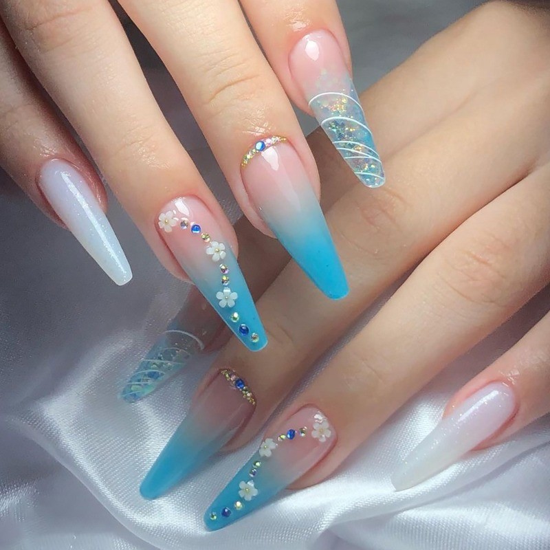 48P-Blue Pink Ombre 3D Flower Stiletto Press on Nails Color Rhinestone Fake Tips