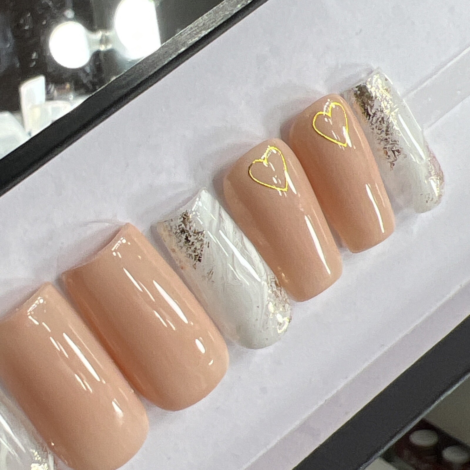 💕 CUSTOM Gel Press On Nails, MARBLE Nude HEART W BLING 10p FULL SET W Kit