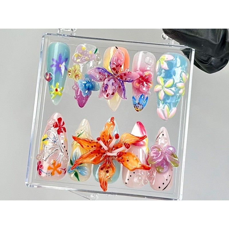 Custom Pure Handmade Nails Macaron Color Lily Summer Vacation Cute Manicure