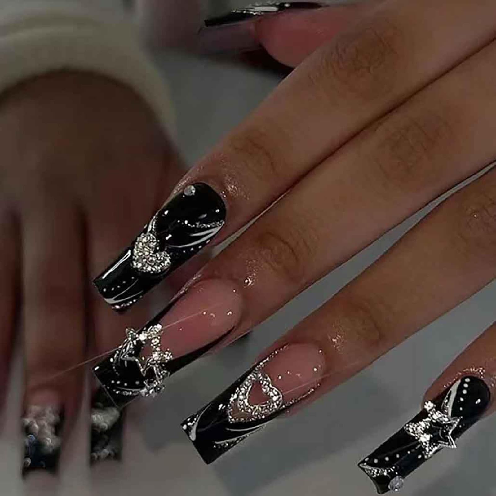Black Nude Press on Nails Long Rhinestone Pink Fake Nails Black Nails Square …
