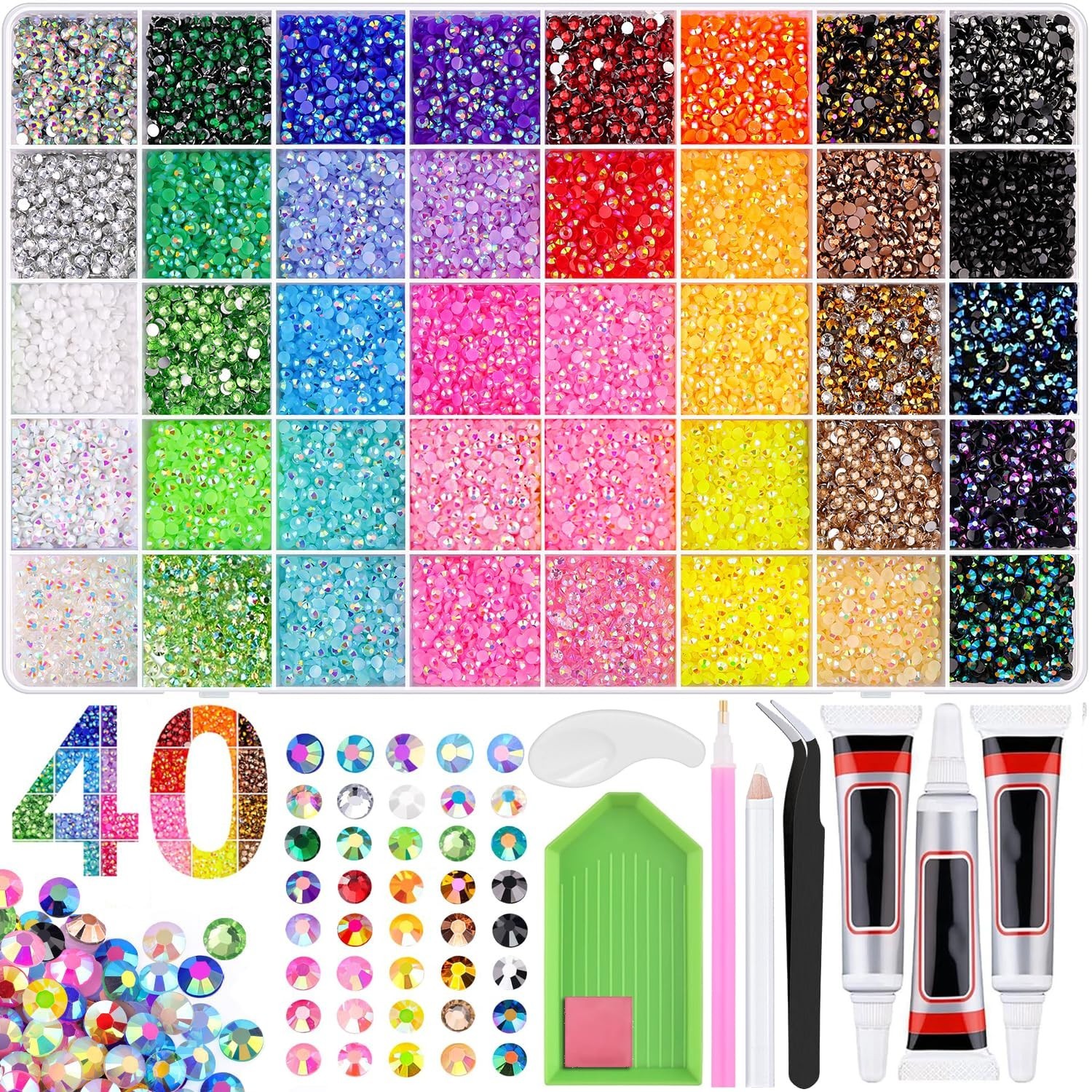 33000 Pcs Rhinestone Bedazzling Kit – 40 Colors 3mm Flatback Gems, Glue, Tweezer