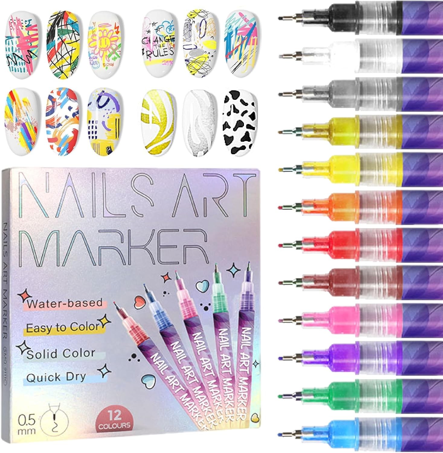 12 Colors Nail Art Pens Set 3D Nail Polish Pens Graffiti Dotting Pen