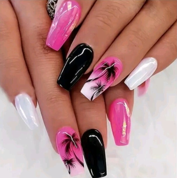 Palm Tree Design, Medium Length, Glossy Finish, Summer Beach Style False Nails
