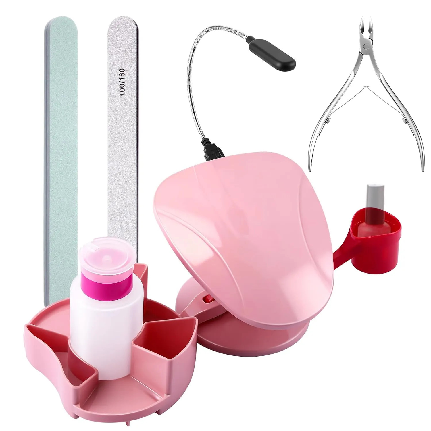 Nail Hand Rest Stand With LED 3 Piece Manicure Set Pink Adjustable Salon Station