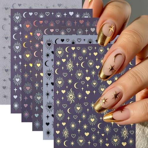 6 Sheets Gold Star Nail Stickers for Nail Art 3D Self Adhesive Moon star moon