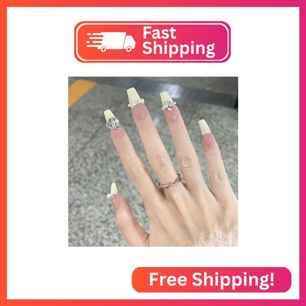 Press on Nails French 24Pcs Glossy Full Cover Medium Artificial Square False Nai