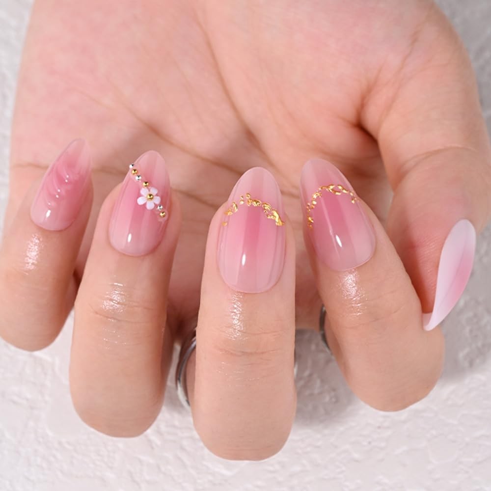 evpct Nude Pink Pearl Short Almond Press On Nails