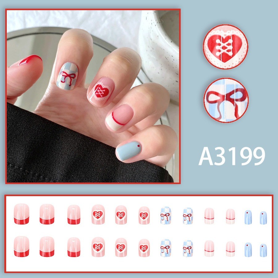 48 Pcs Blue Pink Heart Press on Nails, Short Square Cute French False Nails