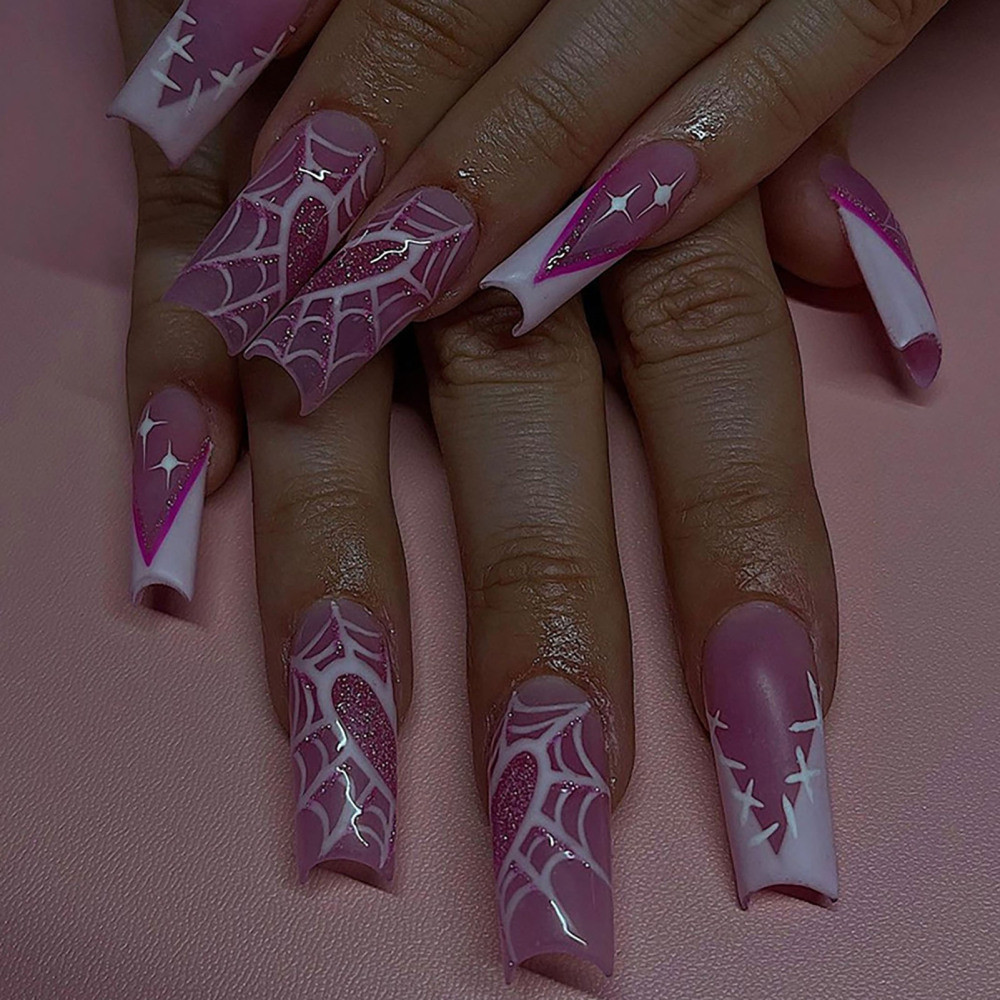 Pink Long Fake Nails With Spider Web Printed Charming Manicure Nails Press On