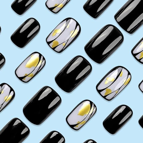Black Press on Nails Short Square False Nails Gold Foil Design Short Nails