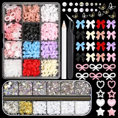 Bow Nail Charms and Flatback Pearls Gems Set 01 – 2 Boxes Nail Art Decos