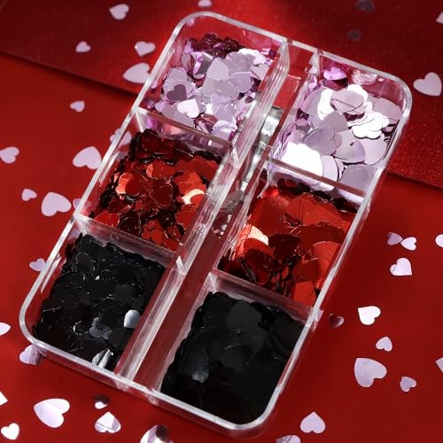 3D Heart Nail Art Glitter Sequins for Valentine, Red Black Mixed Holographic